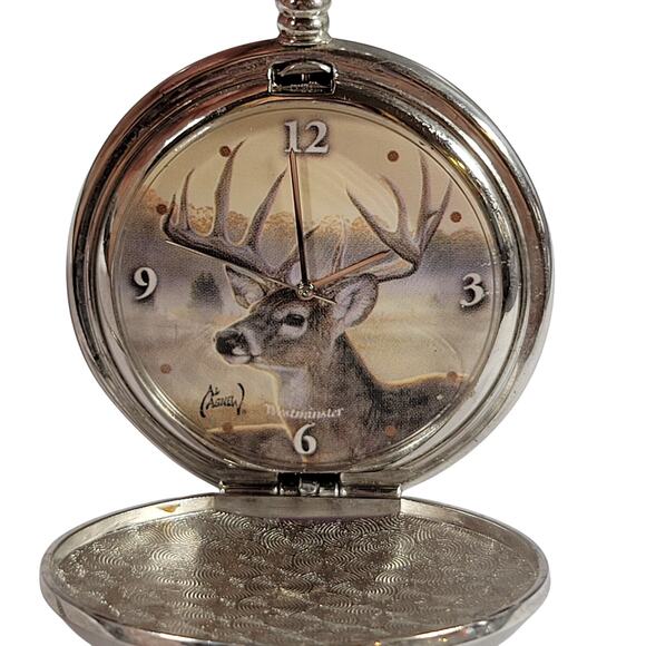 Vintage Wildlife Pocket Watch with Deer Art Design, 14" Chain, Silver-Tone Works - Picture 2 of 14